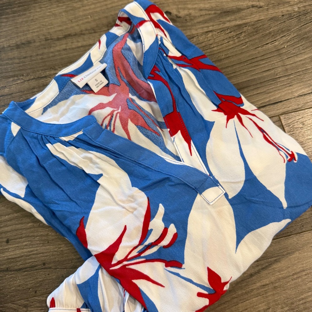 Liz Claiborne Womens Floral Split Neck Blouse Blue Red White Viscose Size Small